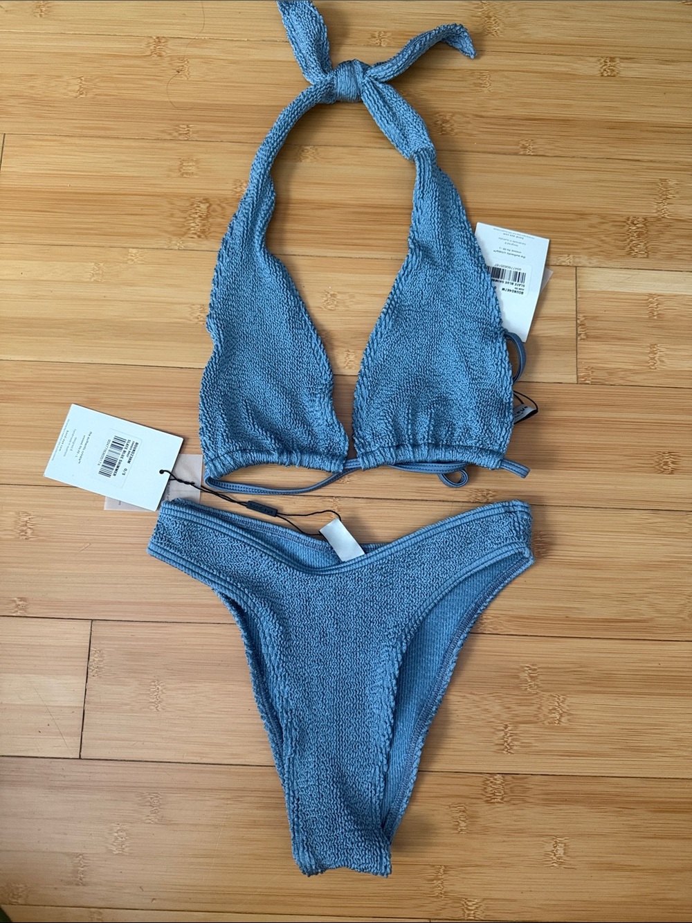 bond-eye Textured Slate Blue Halter Bikini Set
